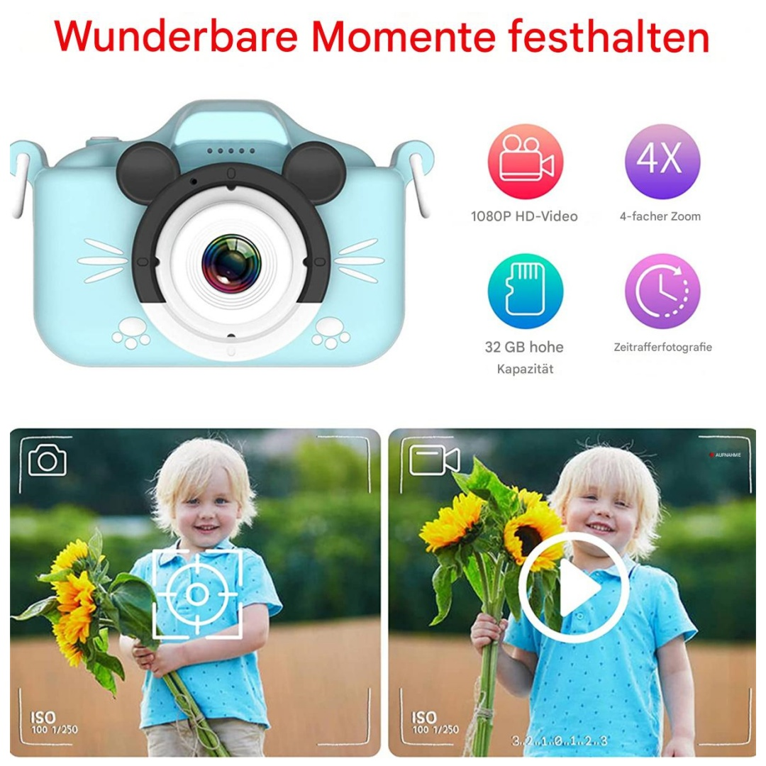 Eine blaue Spielzeugkamera mit Cartoon-Design, mit zwei Kindern, die mit Sonnenblumen spielen.