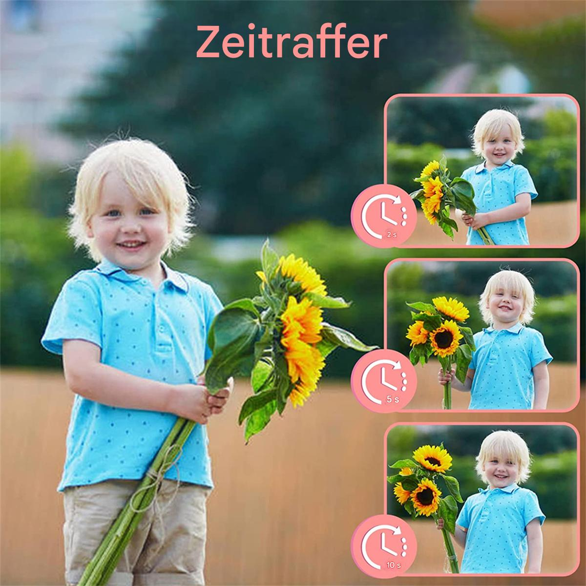 Ein Kind hält einen Strauß Sonnenblumen mit verschiedenen Zeitraffer-Fotooptionen.