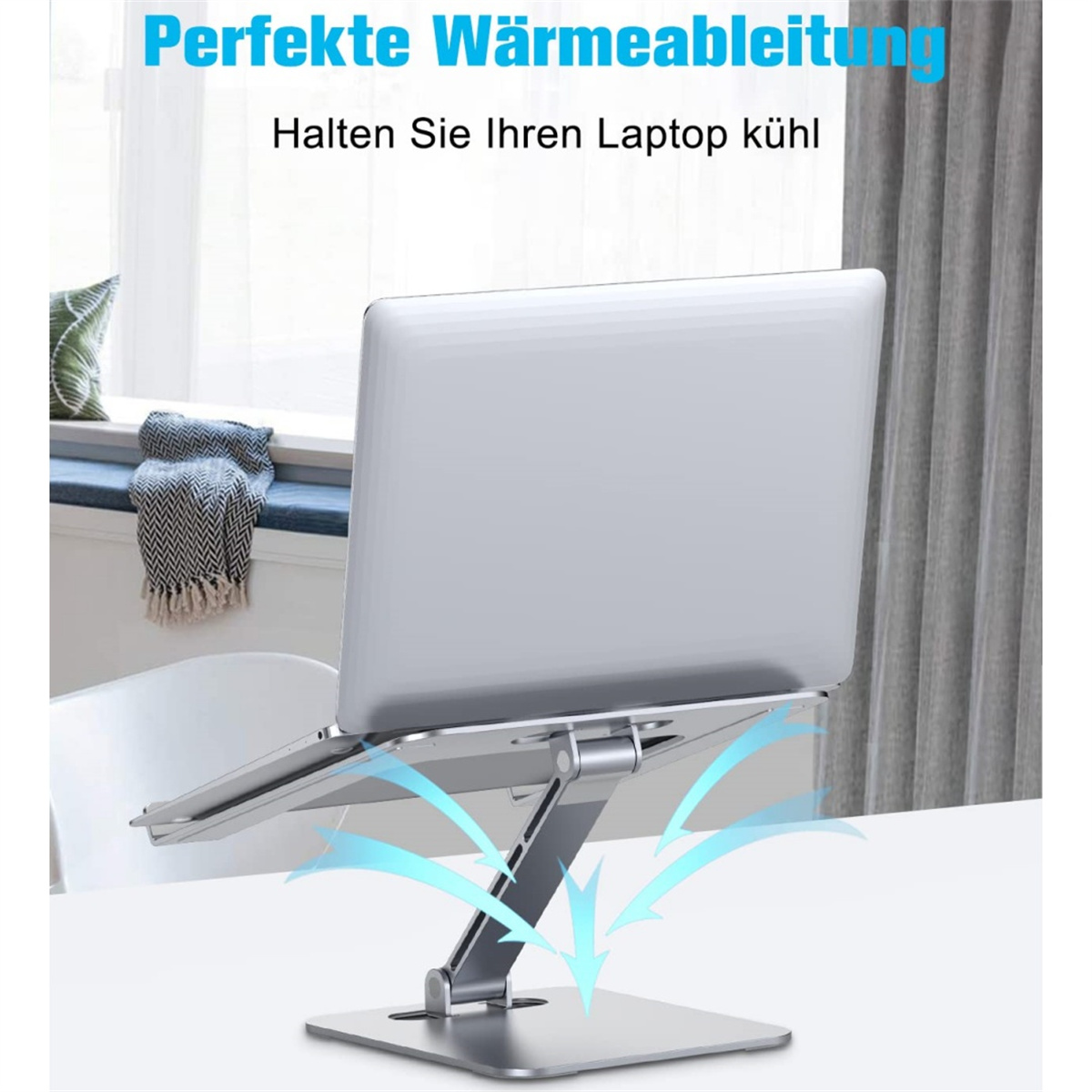 Ein silberner Laptop auf einem silbernen Laptopständer, mit einem Fenster und einem blauen Pfeil, der den Luftstrom anzeigt.