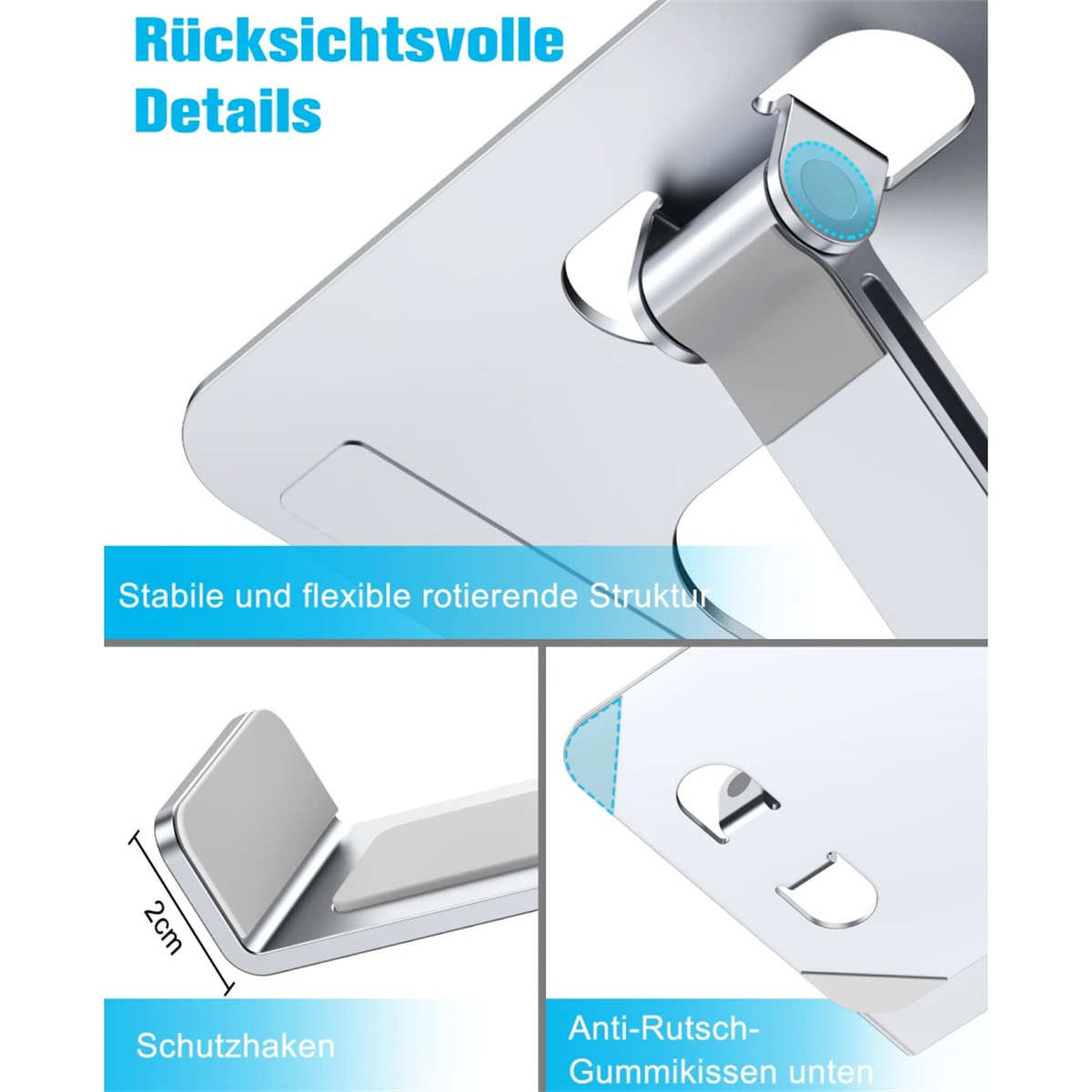 Silberner Laptopständer mit Designdetails, einschließlich 2 cm starkem Träger und Anti-Rutsch-Pads.