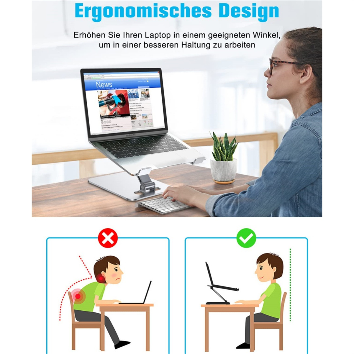 Eine Frau arbeitet an einem Laptop auf einem Ständer, die Körperhaltung wird hervorgehoben.