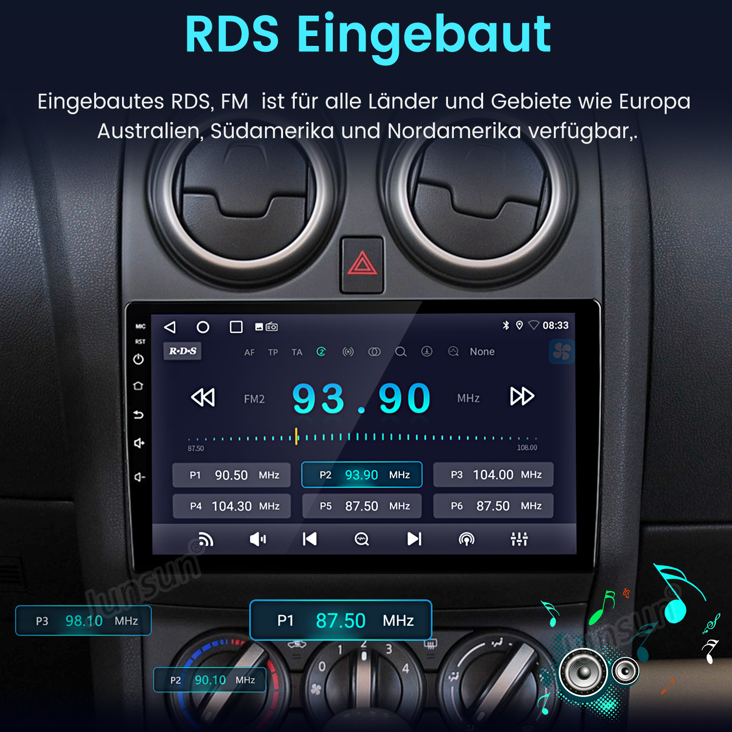 Auto-Stereoanlage mit Radioinformationen. Knöpfe und ein Bildschirm sind sichtbar. Der Hintergrund ist dunkel.