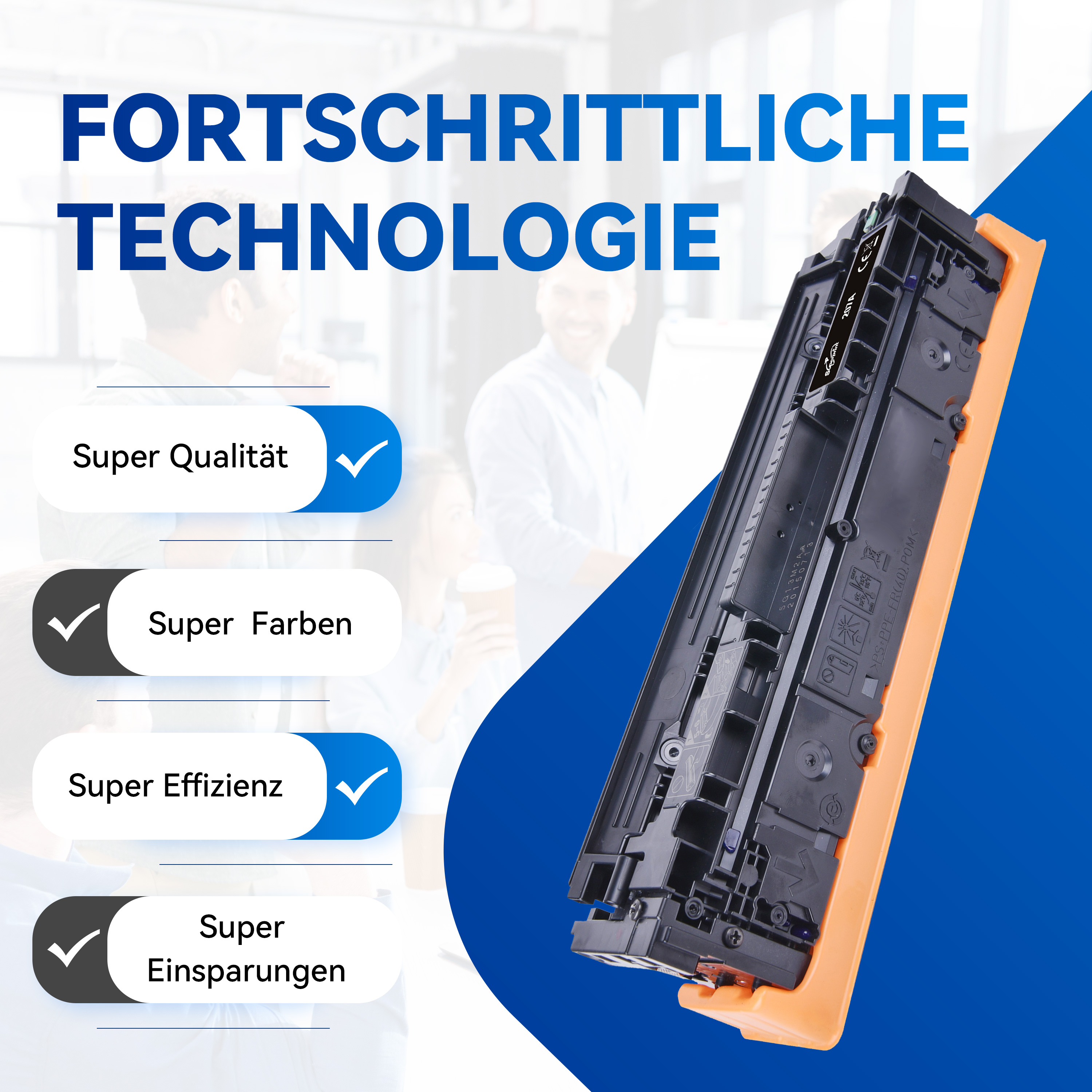 Eine Tonerkartusche mit Häkchen-Symbolen neben Textbeschriftungen wie 'Super Qualität' und 'Super Farben'.