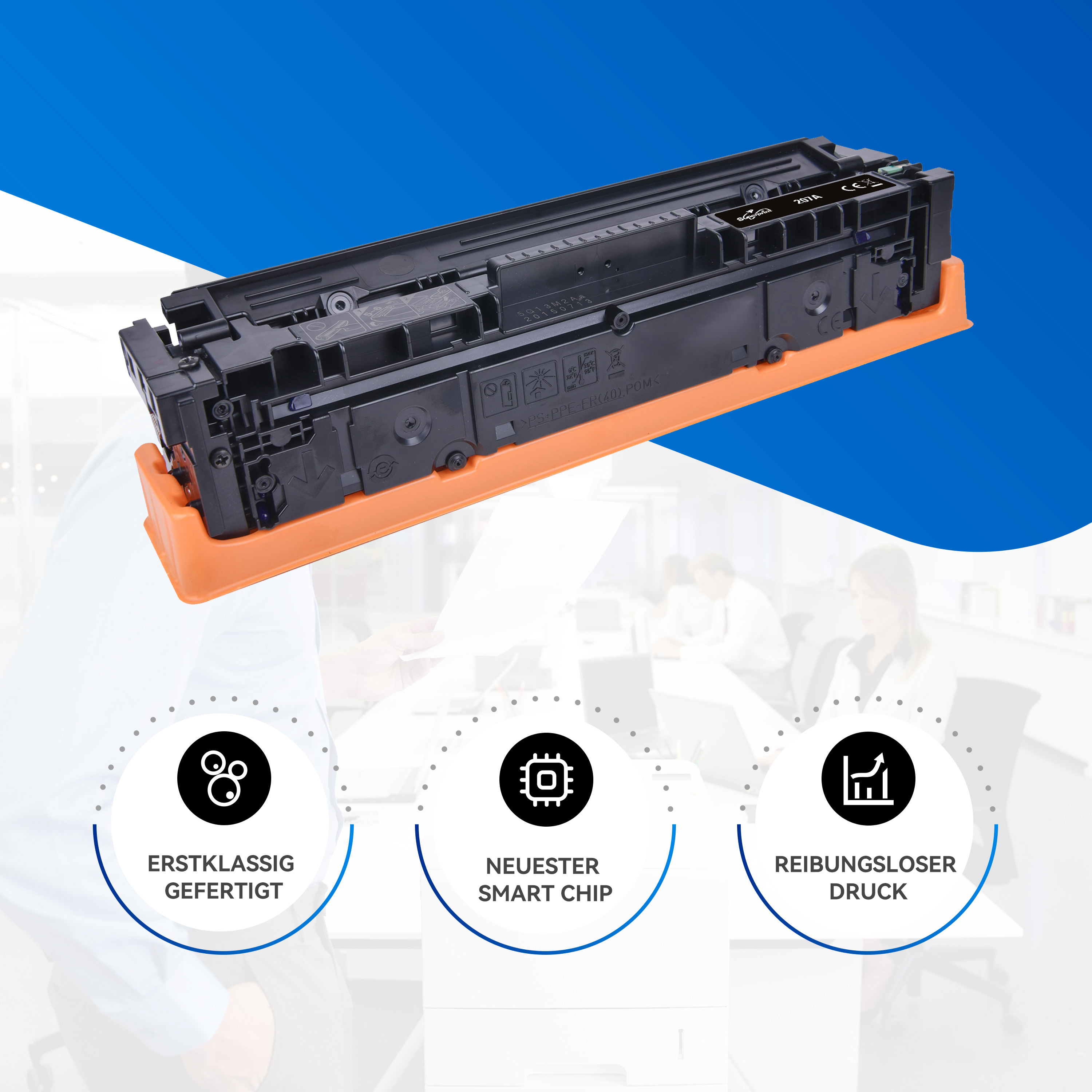 Schwarz-orange Druckerpatrone mit Symbolen. Text: Premium, neuer Smart Chip, reibungsloser Druck.