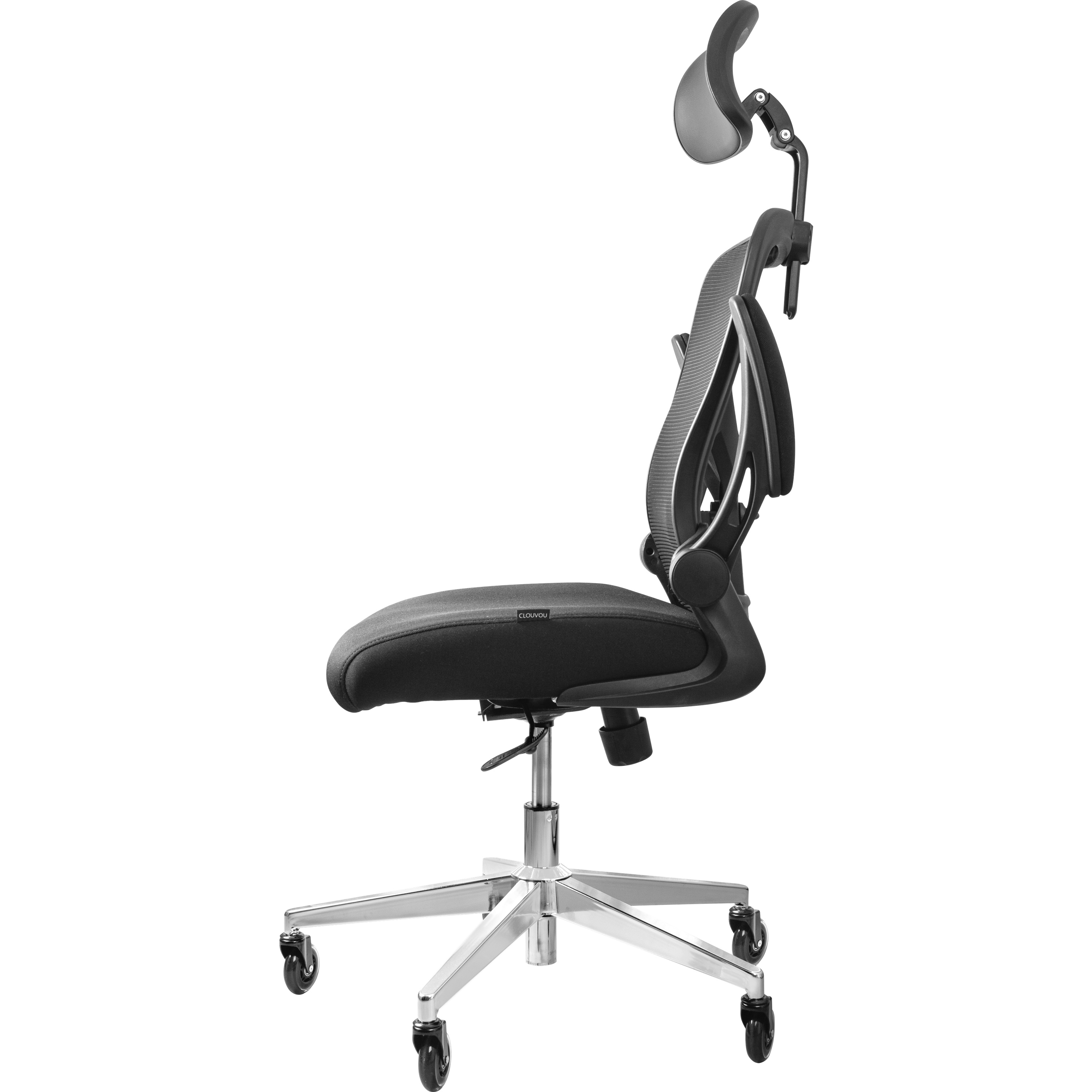 Ein ergonomischer Bürostuhl, schwarze Netzrückenlehne, Kopfstütze und silbernes Gestell mit Rollen sind sichtbar.