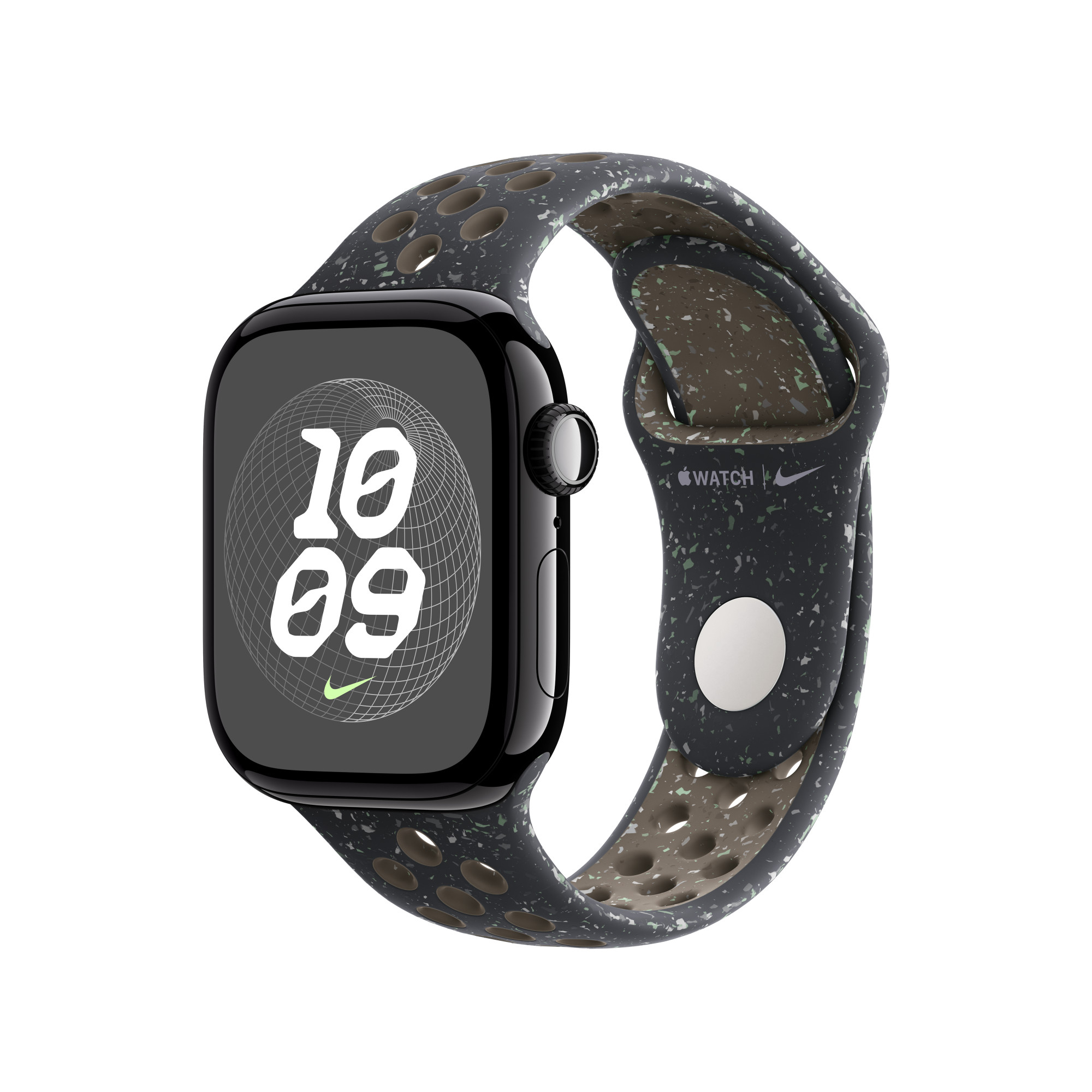 Czarny Apple Watch z ciemnym, nakrapianym paskiem pokazującym godzinę. Widoczne logo Nike.
