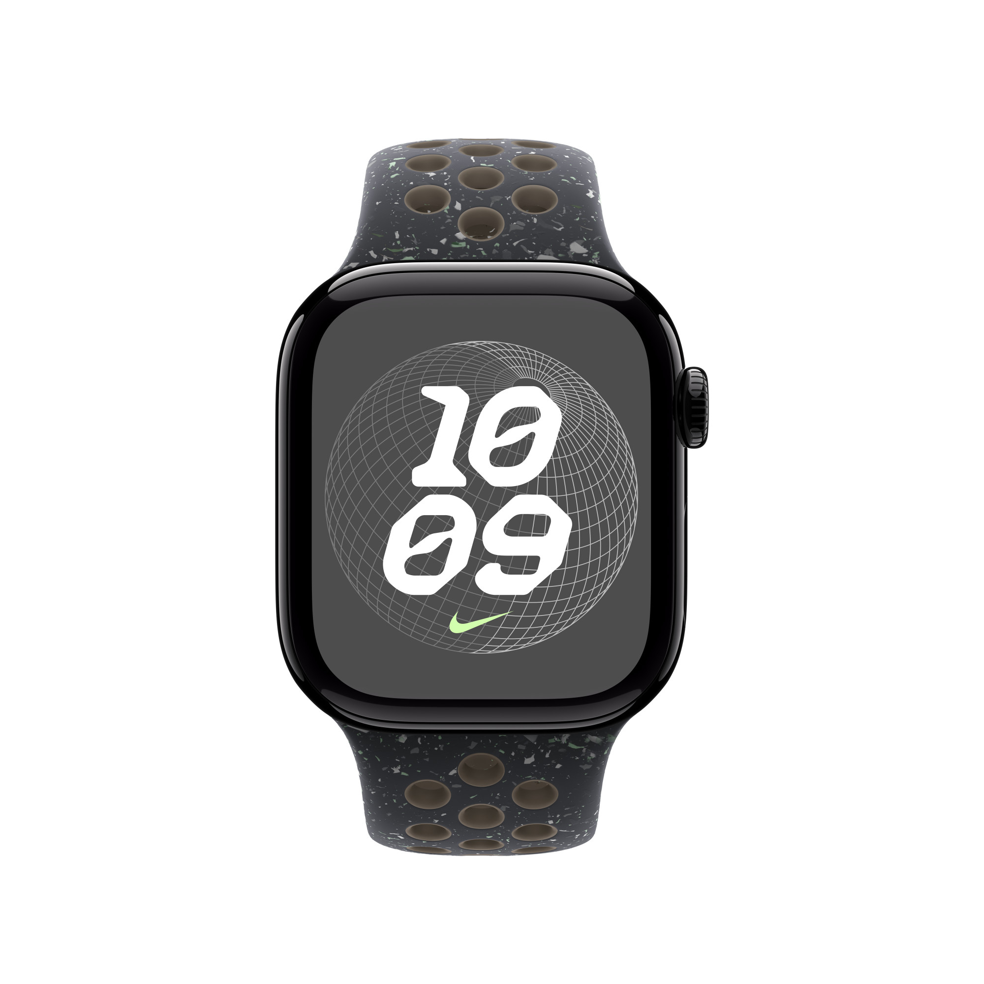 Czarny Apple Watch z ciemnym paskiem i '10 09' na wyświetlaczu. Logo Nike. Białe tło.