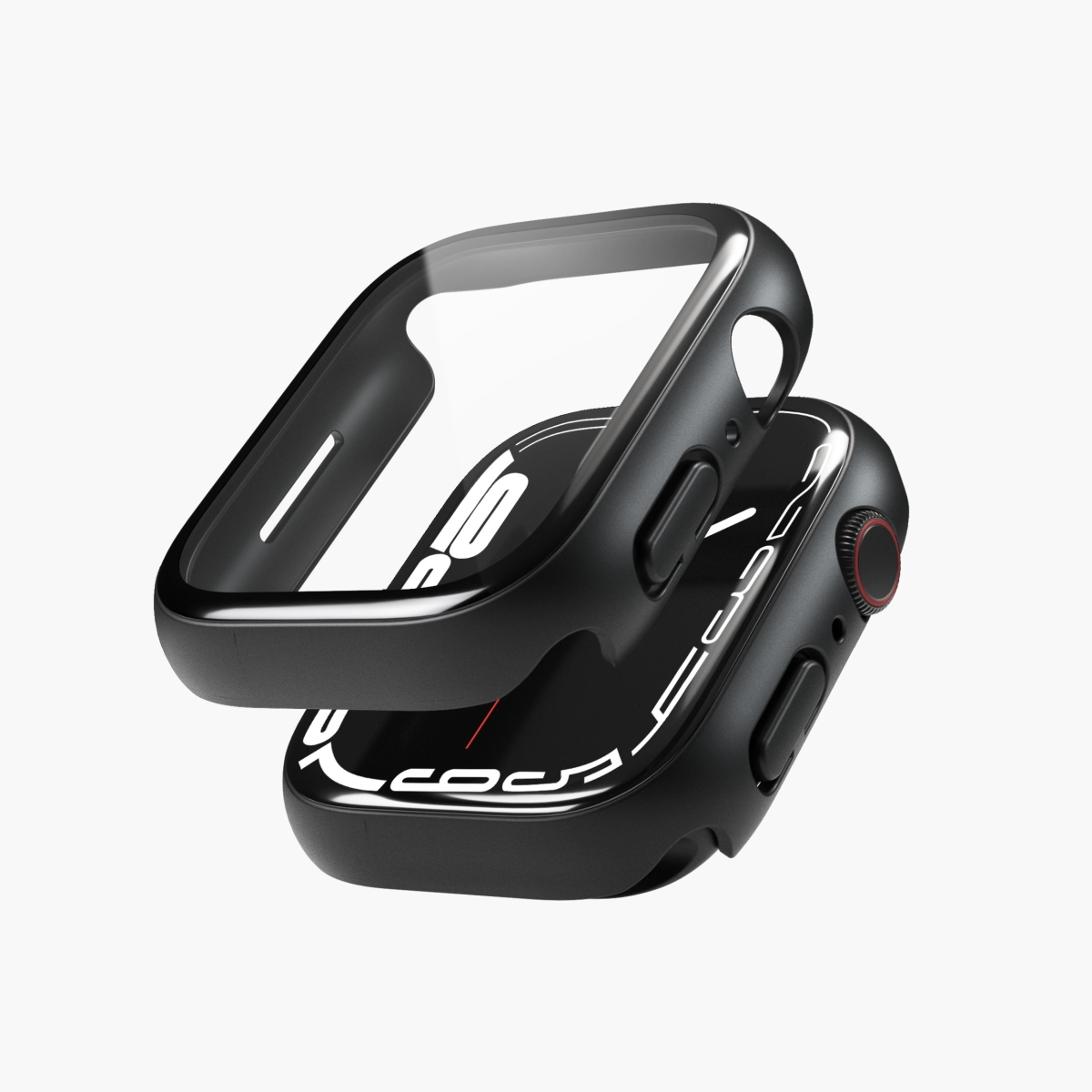 Apple Watch nera con cover nera, aperta su sfondo bianco.