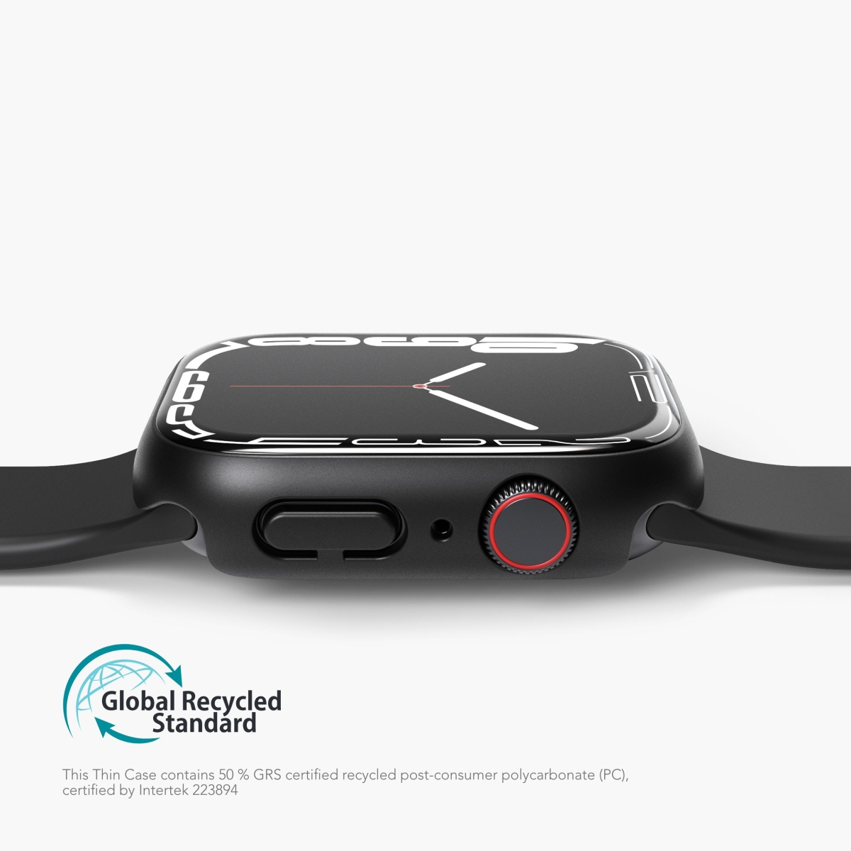 Apple Watch nero su bianco. Ha uno schermo nero con numeri bianchi e un pulsante rosso.