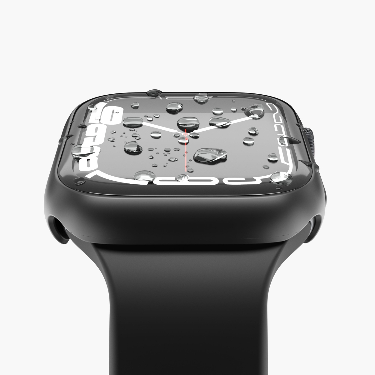 Apple Watch nero con goccioline d'acqua sullo schermo, su sfondo bianco.