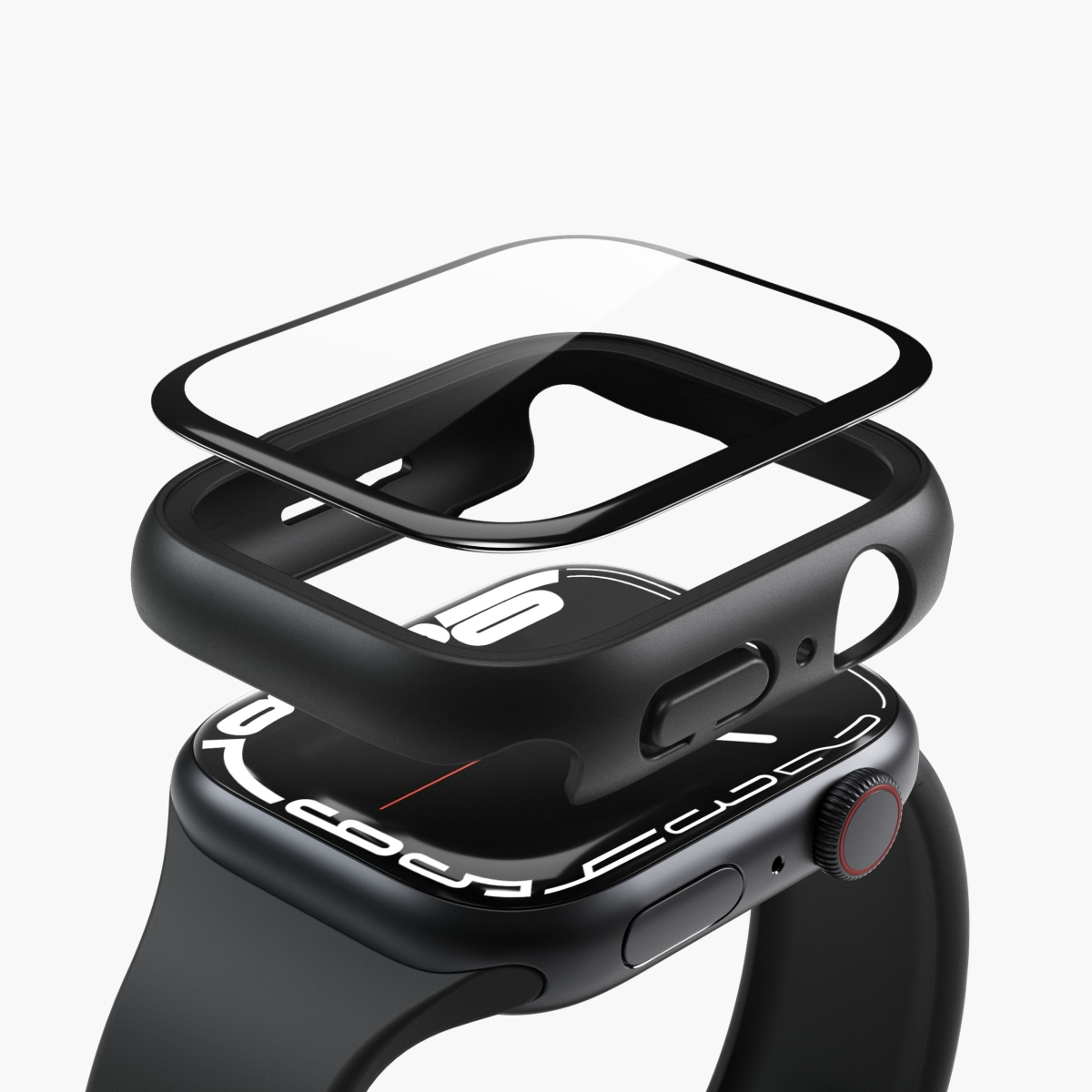 Apple Watch con custodia protettiva aperta, che mostra il quadrante. Sfondo bianco.
