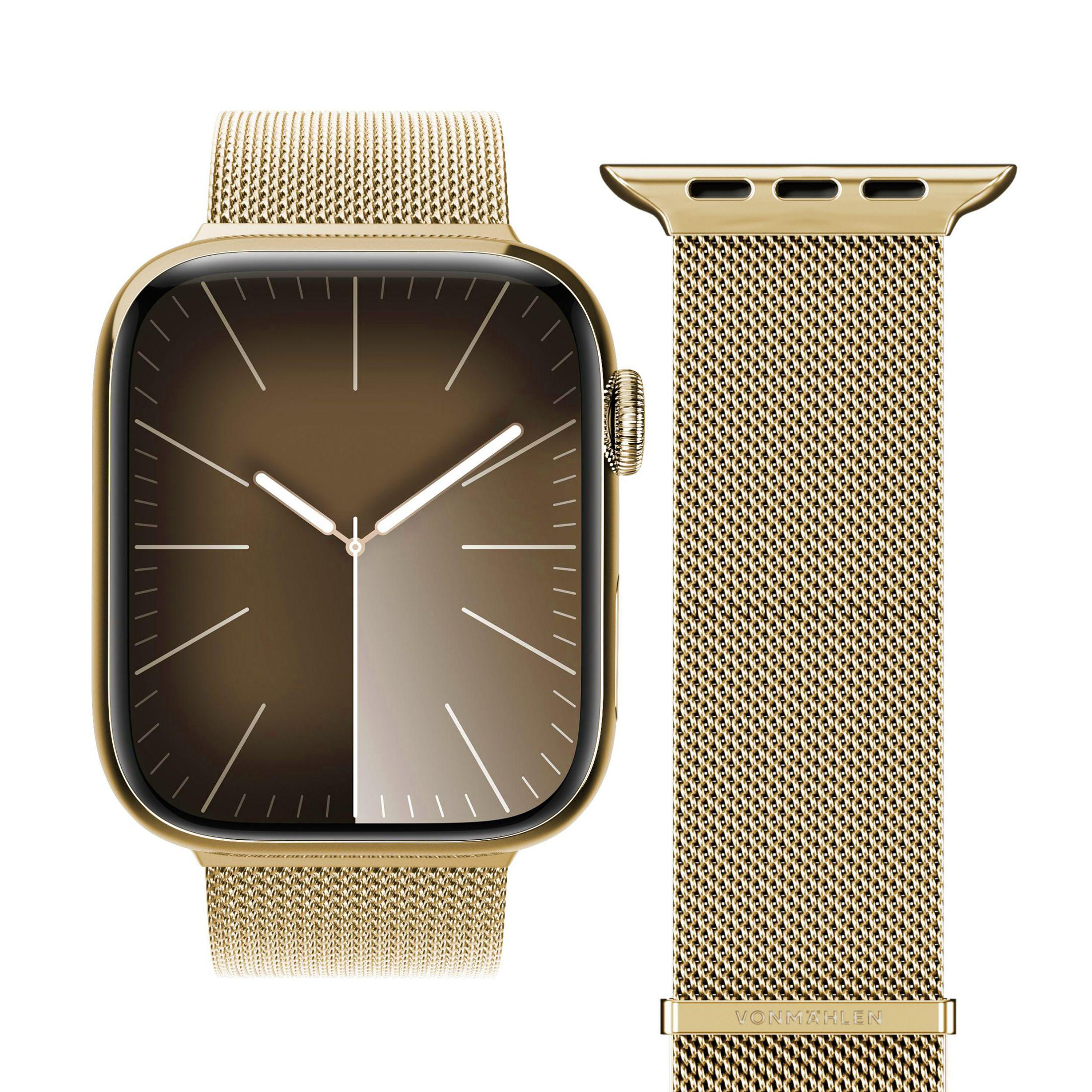Apple Watch dorato con cinturino a maglia dorata abbinato, che mostra l'ora.