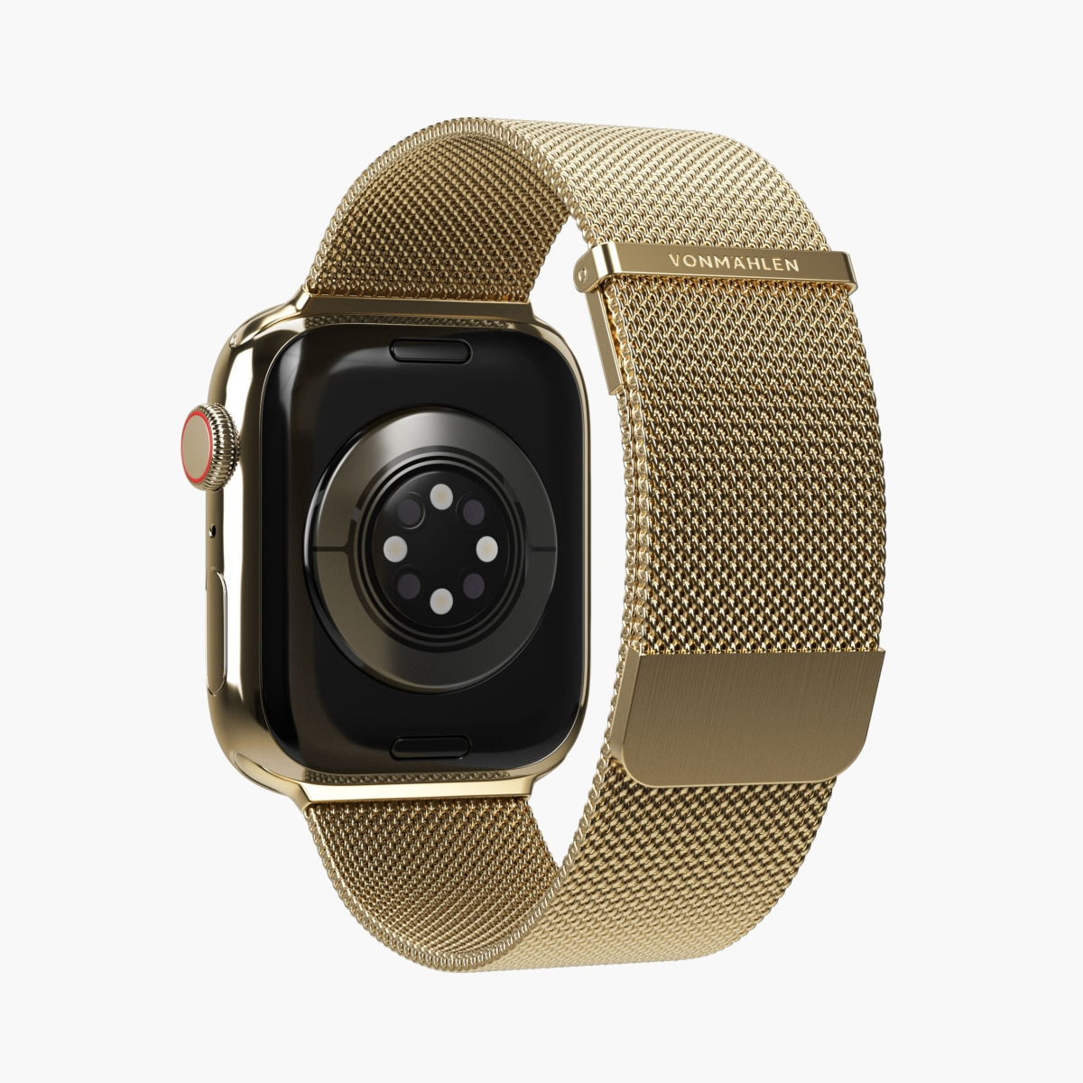 Apple Watch dorato con cinturino a maglia dorata. Il retro dell'orologio è nero.