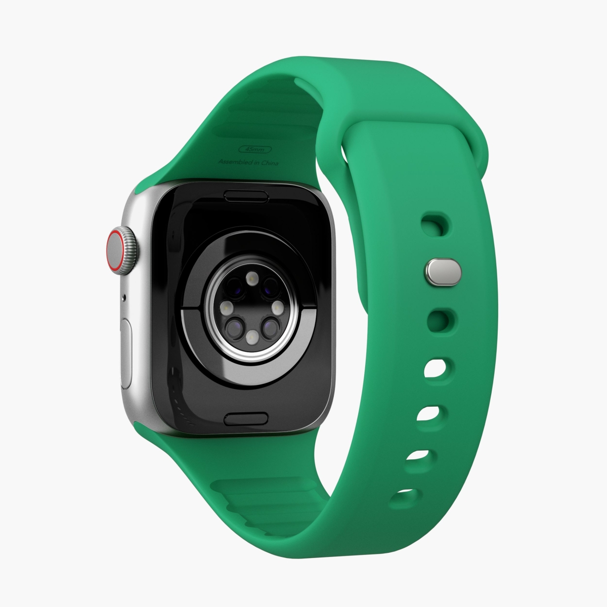 Widok z tyłu Apple Watch z dołączonym zielonym paskiem.