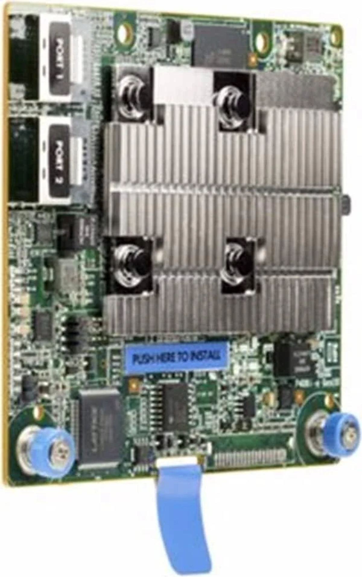 Scheda circuito verde con dissipatore di calore argento e connettori blu. Testo: PUSH HERE TO INSTALL, PORT 1, PORT 2.