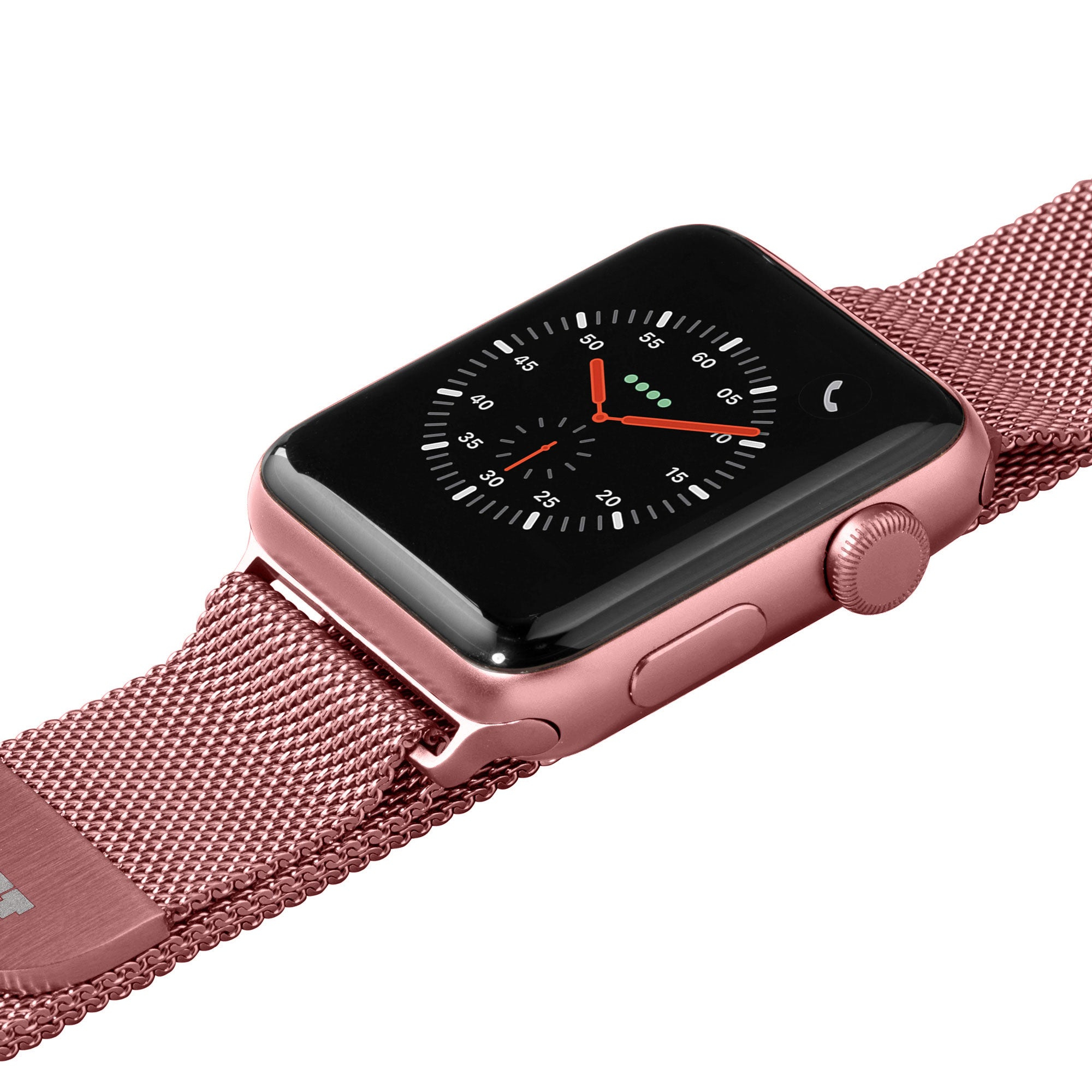 Różowo-złoty Apple Watch na różowo-złotym pasku z siatki. Tarcza zegarka pokazuje czas.