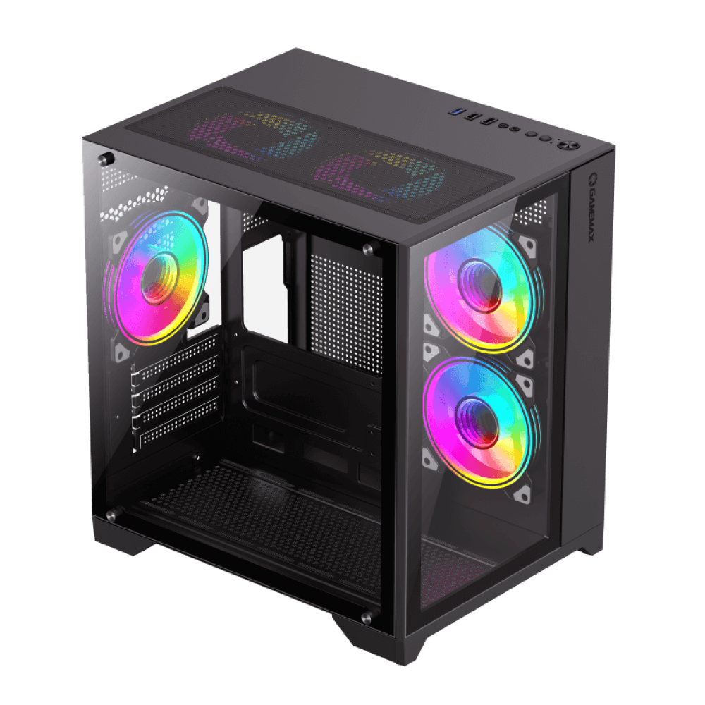 Schwarzes PC-Gehäuse mit Glasseiten und RGB-Lüftern. Draufsicht, schräg.