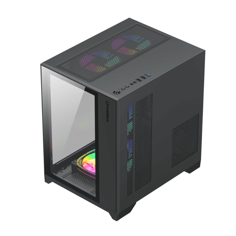 Schwarzes PC-Gehäuse mit Glasseite und RGB-Lüftern. Oberseite mit Knöpfen.