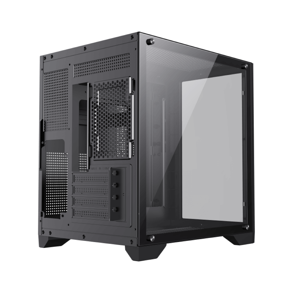Schwarzes PC-Gehäuse mit Glasseite. Rückseite mit Lüftern und Anschlüssen.