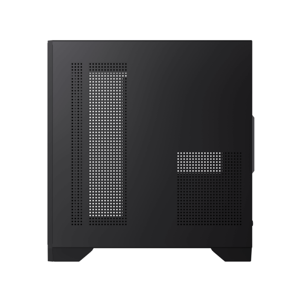 Ein schwarzes PC-Gehäuse. Seitenansicht, zeigt eine feste, belüftete Platte.