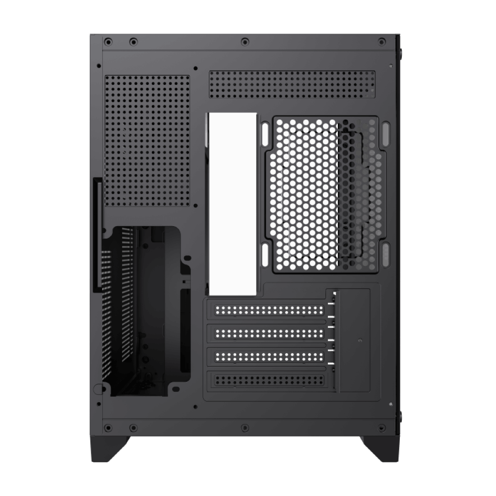 Schwarzes Computergehäuse innen, Rückwand mit Öffnungen und Befestigungslöchern.