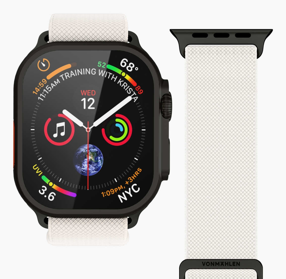 Smartwatch con cinturino bianco. Visualizza ora, data, frequenza cardiaca e dati attività.