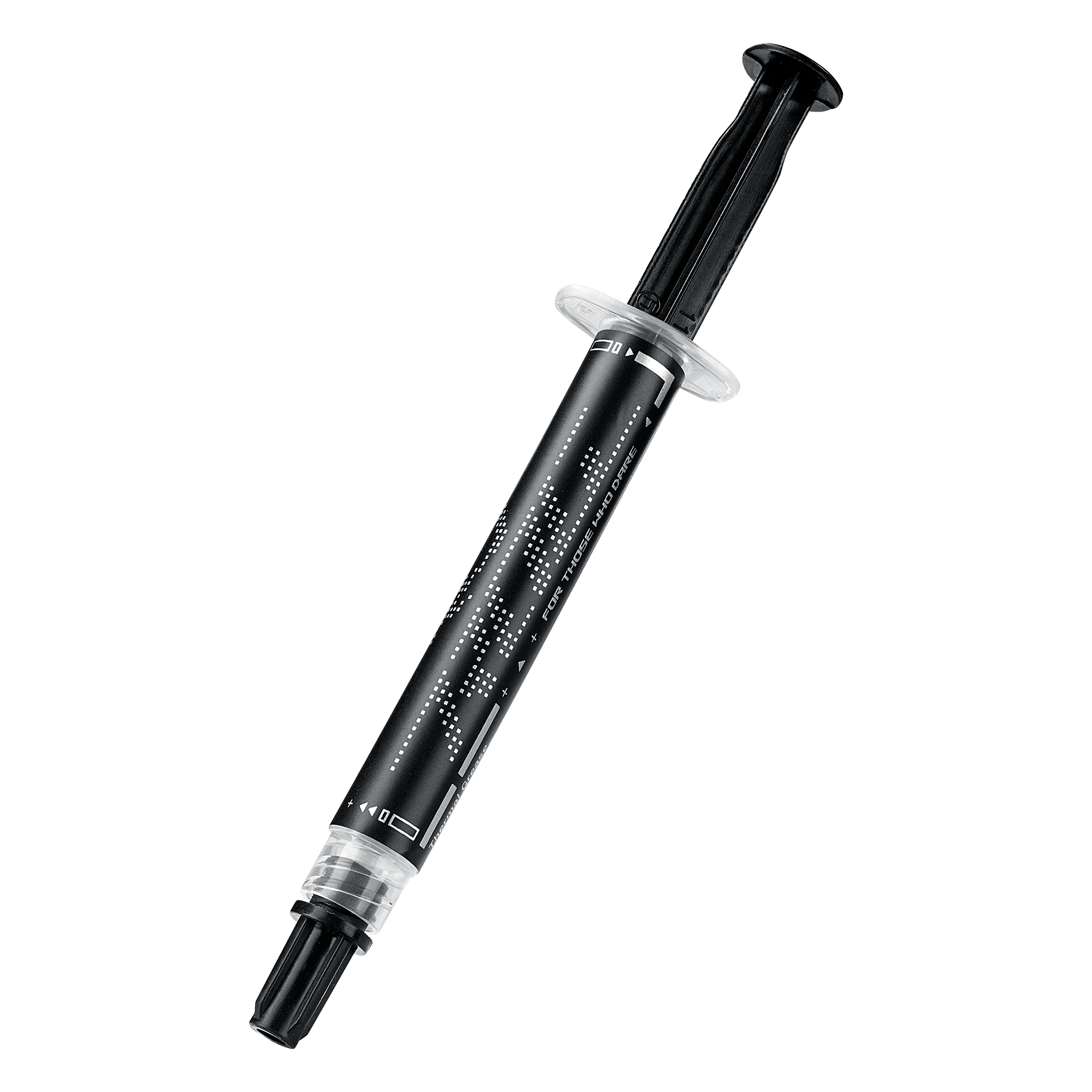 Czarna strzykawka z pastą termoprzewodzącą. Tekst na niej, w kolorze białym. Dla tych, którzy się odważą.