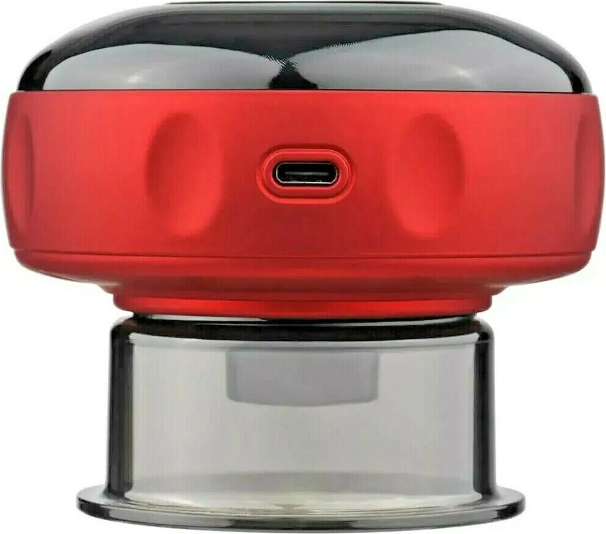 Rotes und schwarzes Schröpfgerät. Das Gerät befindet sich auf weißem Hintergrund.
