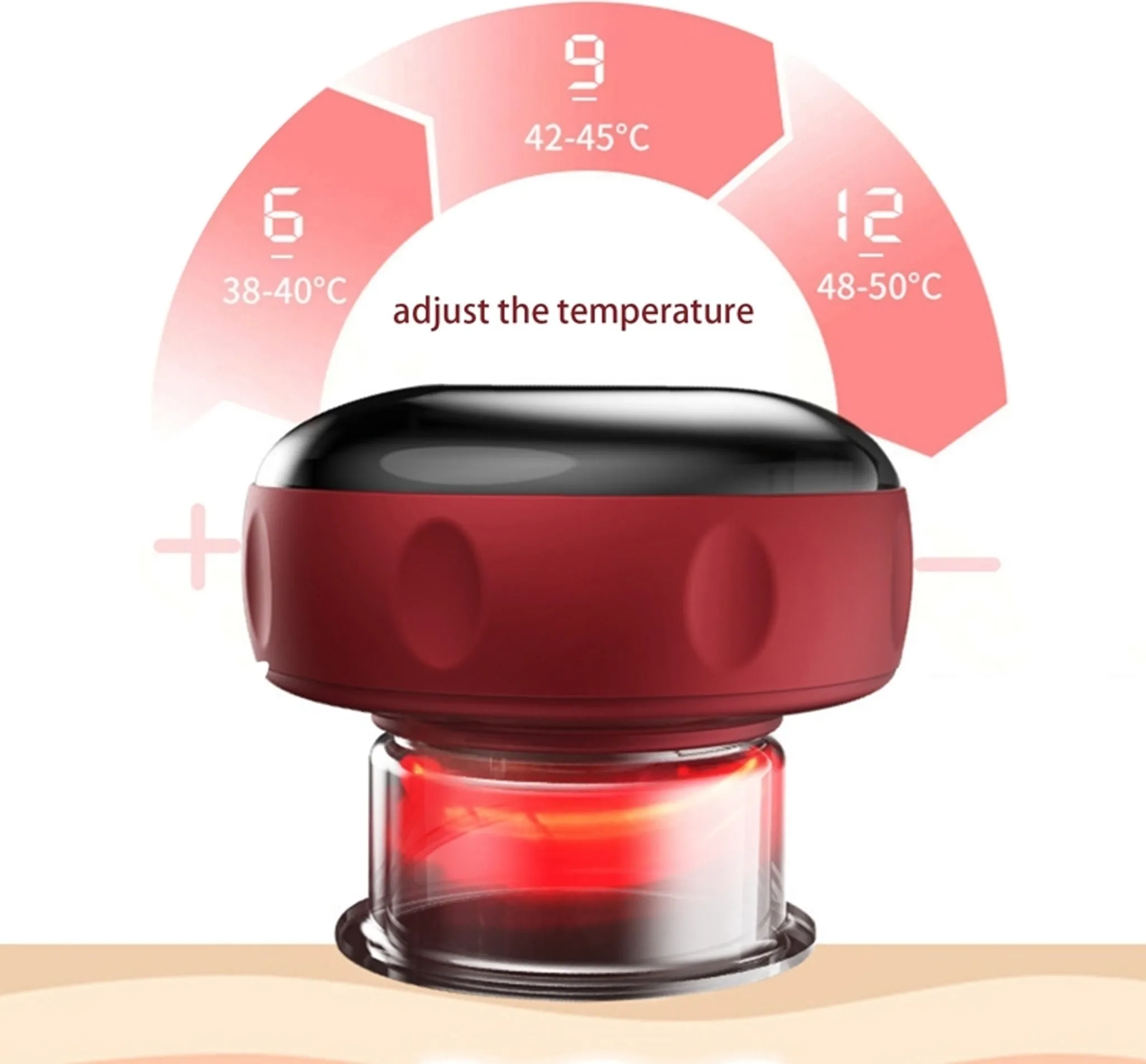 Rotes Schröpfgerät mit Temperatureinstellungen. Zeigt 3 Zonen für Zeit und Temperatur.