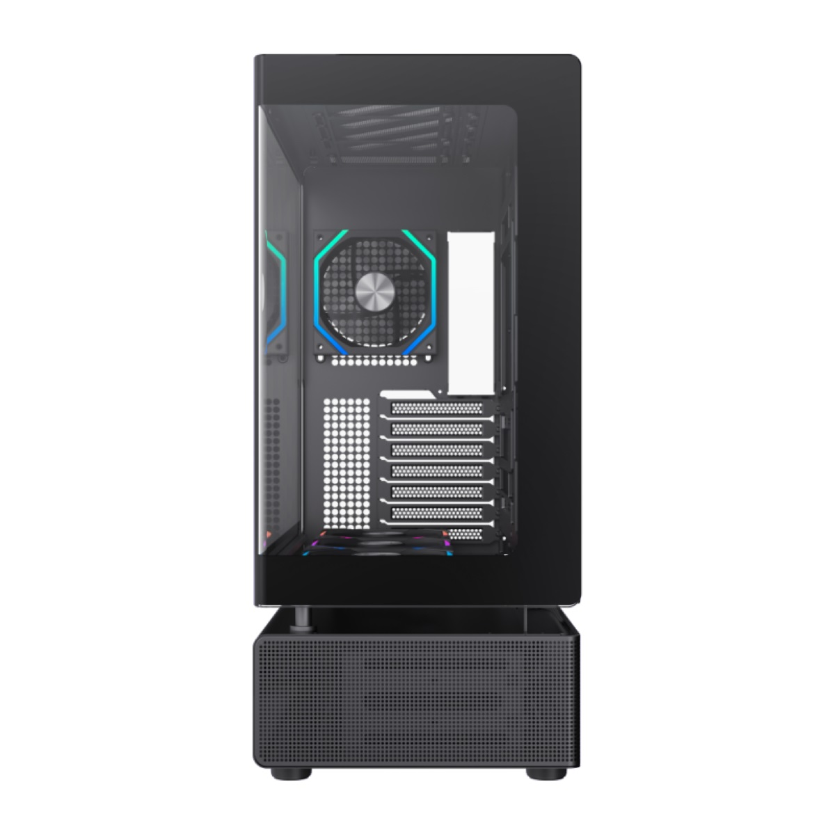 Ein schwarzes PC-Gehäuse mit Glas-Seitenwand, RGB-Lüfter und belüftetem Boden.