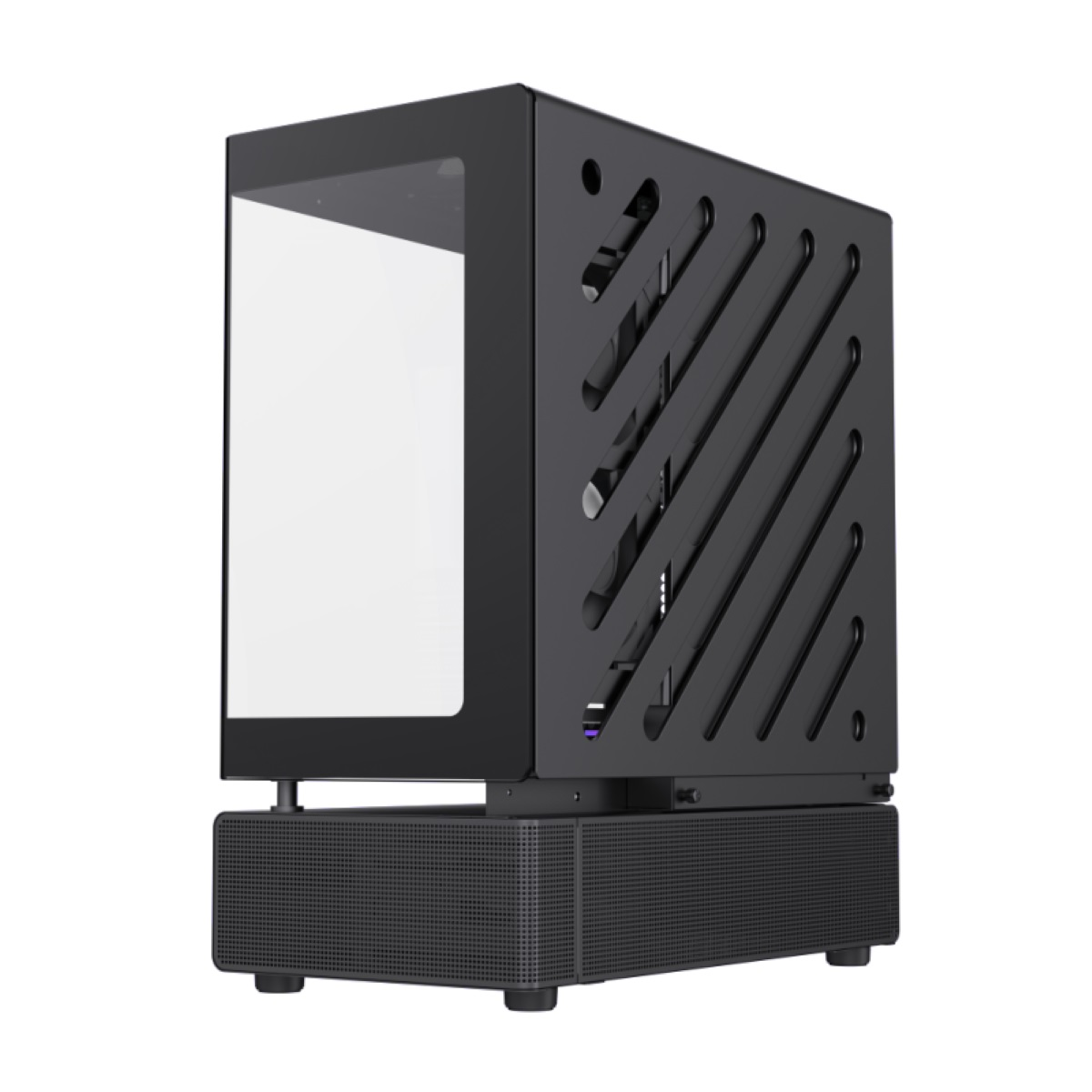 Schwarzes PC-Gehäuse mit Glas-Seitenwand. Schräge Lüftungsschlitze und Mesh-Front. Modernes Design.