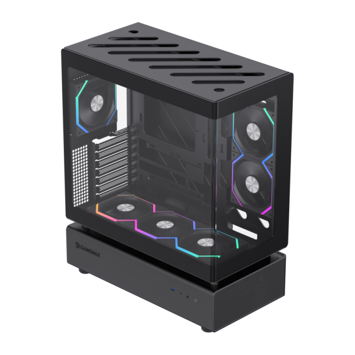 Schwarzes Computergehäuse mit Glasplatten und Lüftern. Steht auf einem schwarzen Sockel.