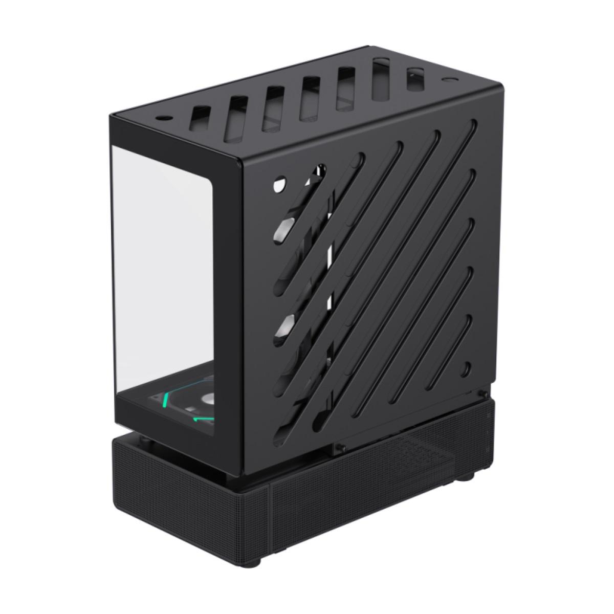 Ein schwarzes Computergehäuse mit einem transparenten Seitenteil, das interne Komponenten zeigt.