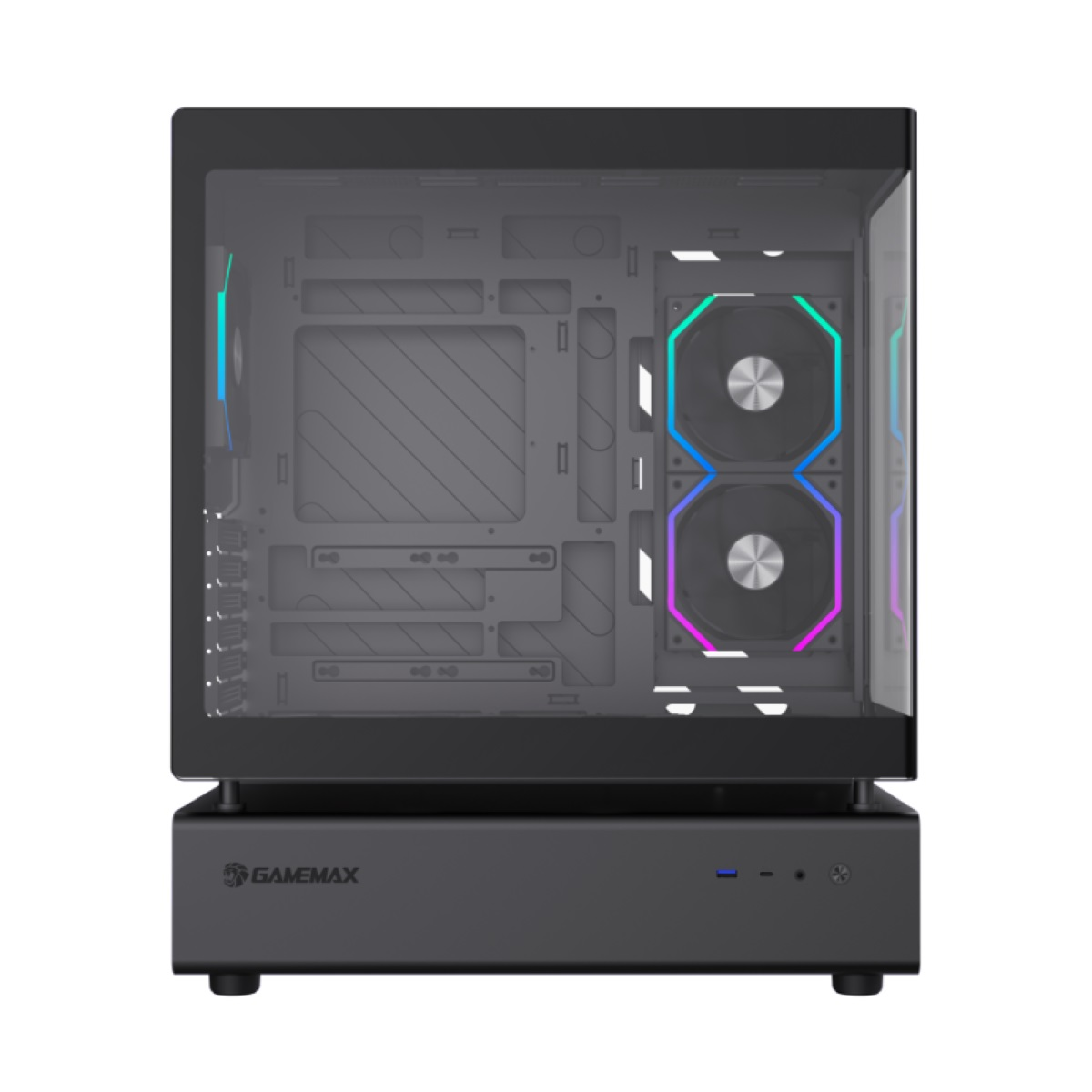 Ein Computergehäuse mit schwarzem Finish, das die innere Struktur und beleuchtete Lüfter zeigt.
