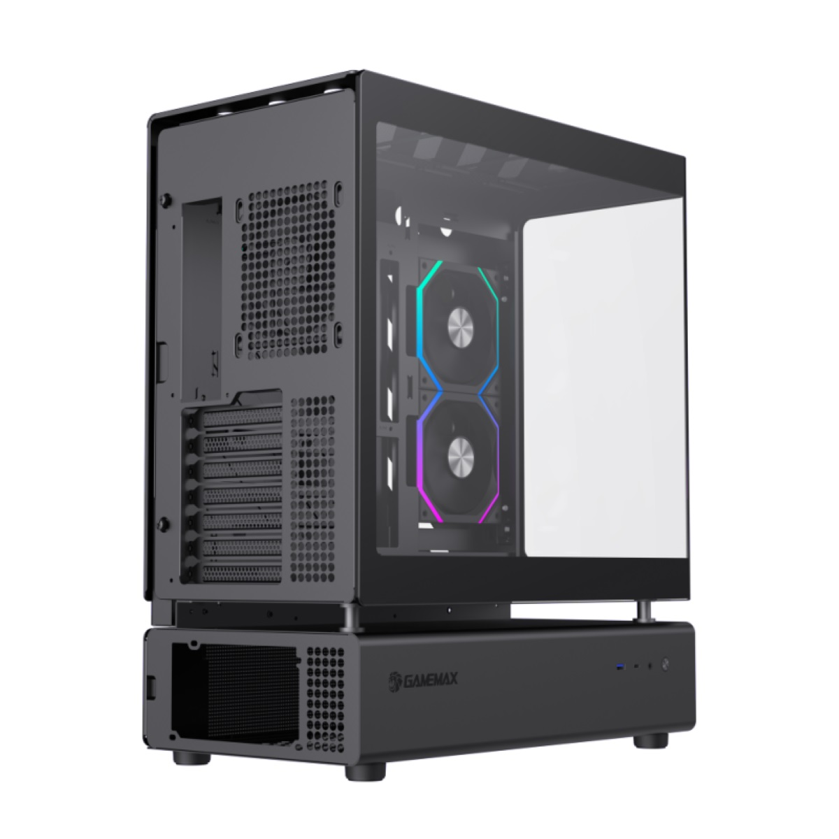 Schwarzes Computergehäuse mit Glasplatten und Lüftern. Das Gehäuse steht auf einem schwarzen Sockel.