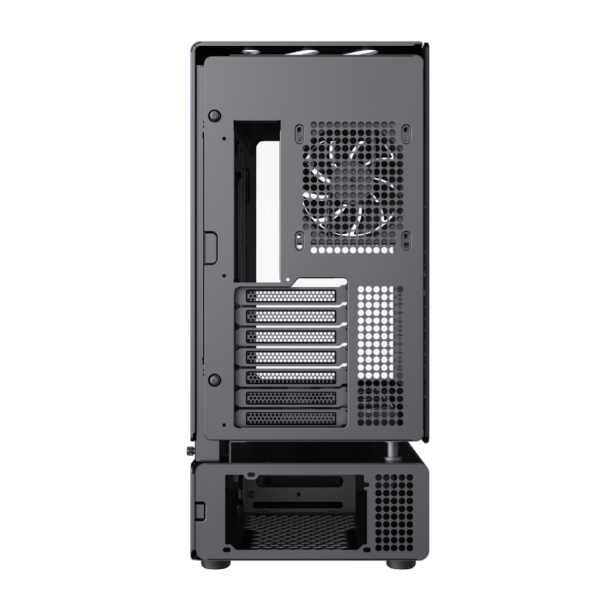 Ein Computergehäuse mit schwarzem Finish, das die innere Struktur und den Lüfter zeigt.