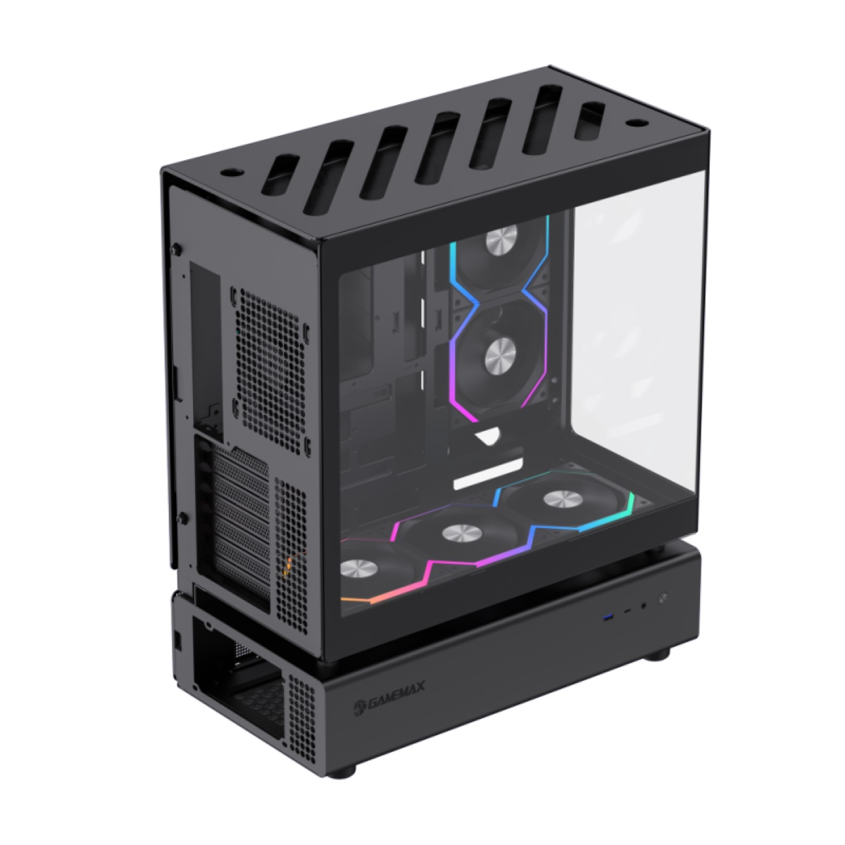 Schwarzes Computergehäuse mit Glasplatten, Lüftern und einem schwarzen Sockel.