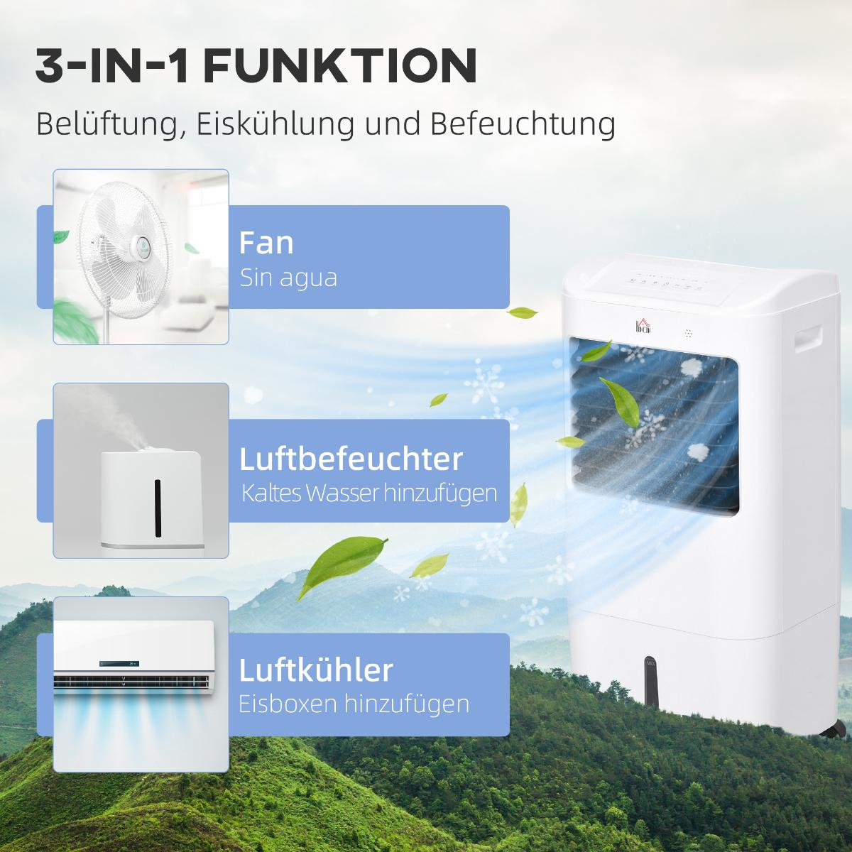 Ein Bild eines 3-in-1-Luftkühlers mit Ventilator-, Luftbefeuchter- und Luftkühlerfunktionen.