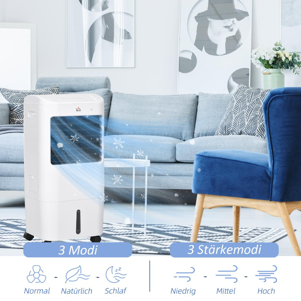 Weißer Luftkühler mit blauem Luftströmungseffekt, Innenszene mit Sofa und Stuhl.