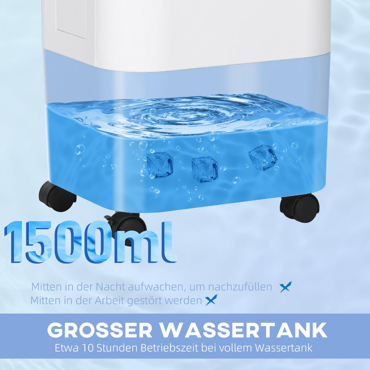 Weißer Kühler zeigt Wassertank. Text: 1500ml. Text: GROSSER WASSERTANK. Eiswürfel sichtbar.
