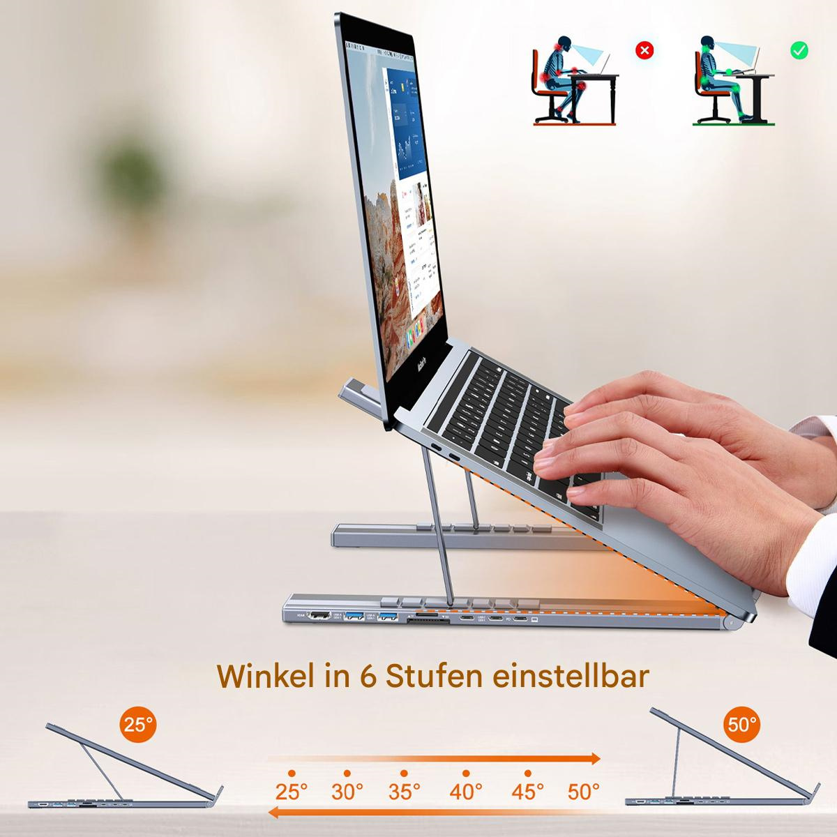 Ein Laptop auf einem Ständer in verschiedenen Winkeln, mit den Händen einer Person auf der Tastatur. Diagramme zeigen korrekte vs. falsche Haltung.