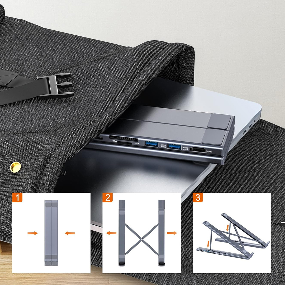 Laptopständer in einer Tasche, Entfaltungsschritte: flach, X-förmig und abgewinkelt.