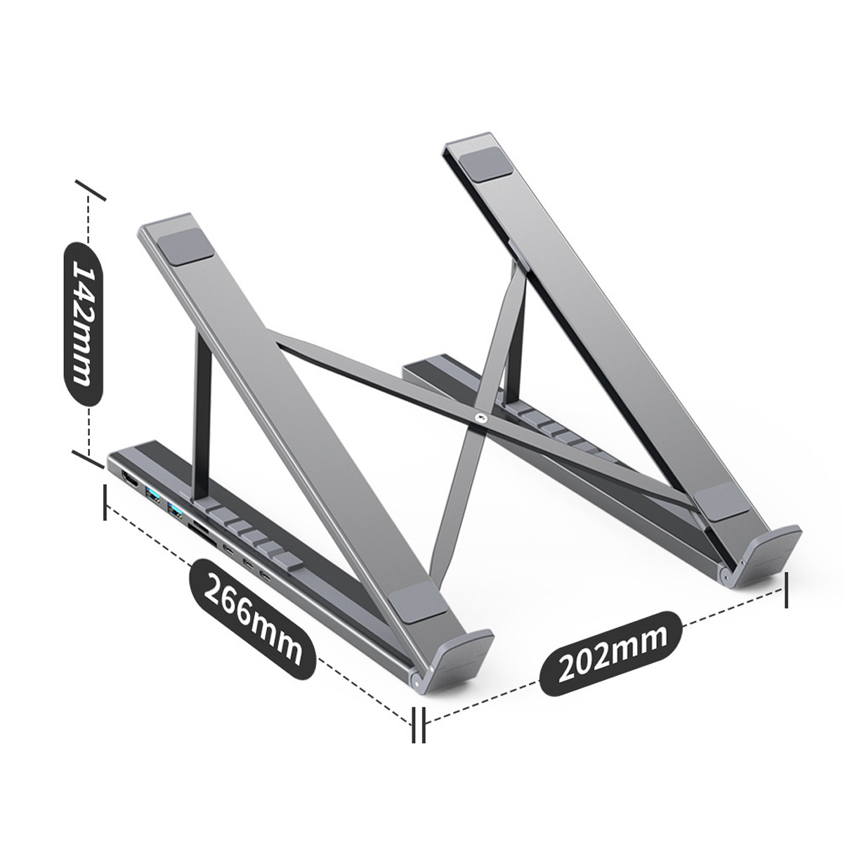Silberner Laptop-Ständer mit Maßangaben. Misst 266 mm breit und 142 mm hoch.