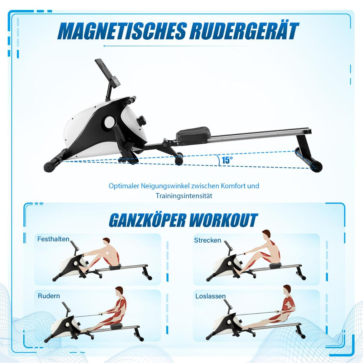 Ein Rudergerät mit Diagrammen, die Trainingspositionen zeigen. Die Maschine ist schwarz und weiß.