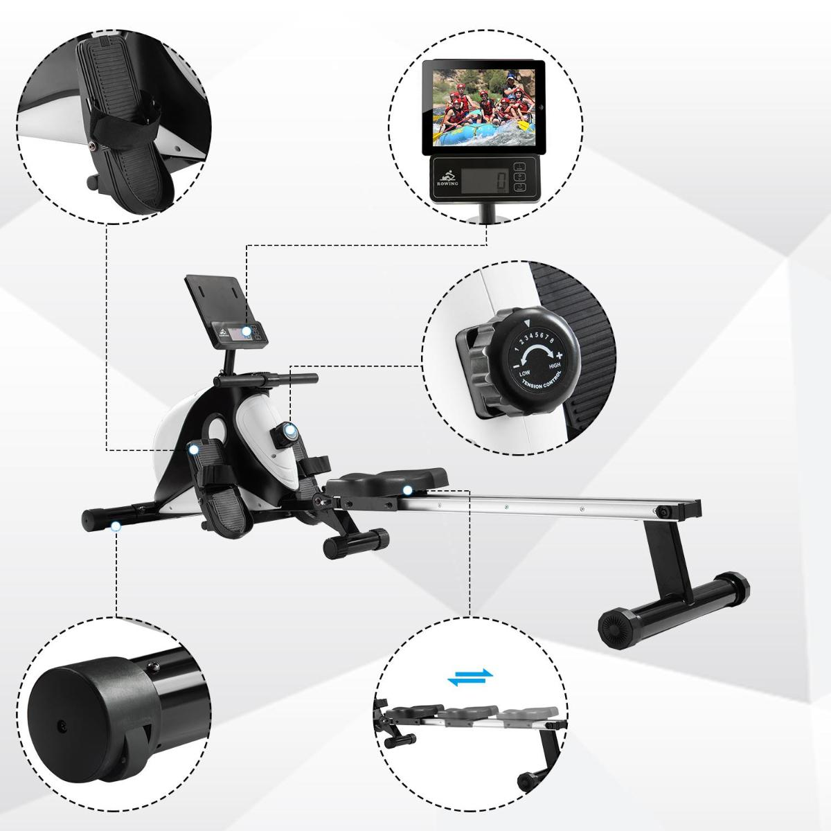 Rudergerät mit mehreren Nahaufnahmen. Zeigt Display, Widerstandskontrolle und Pedaldetails.