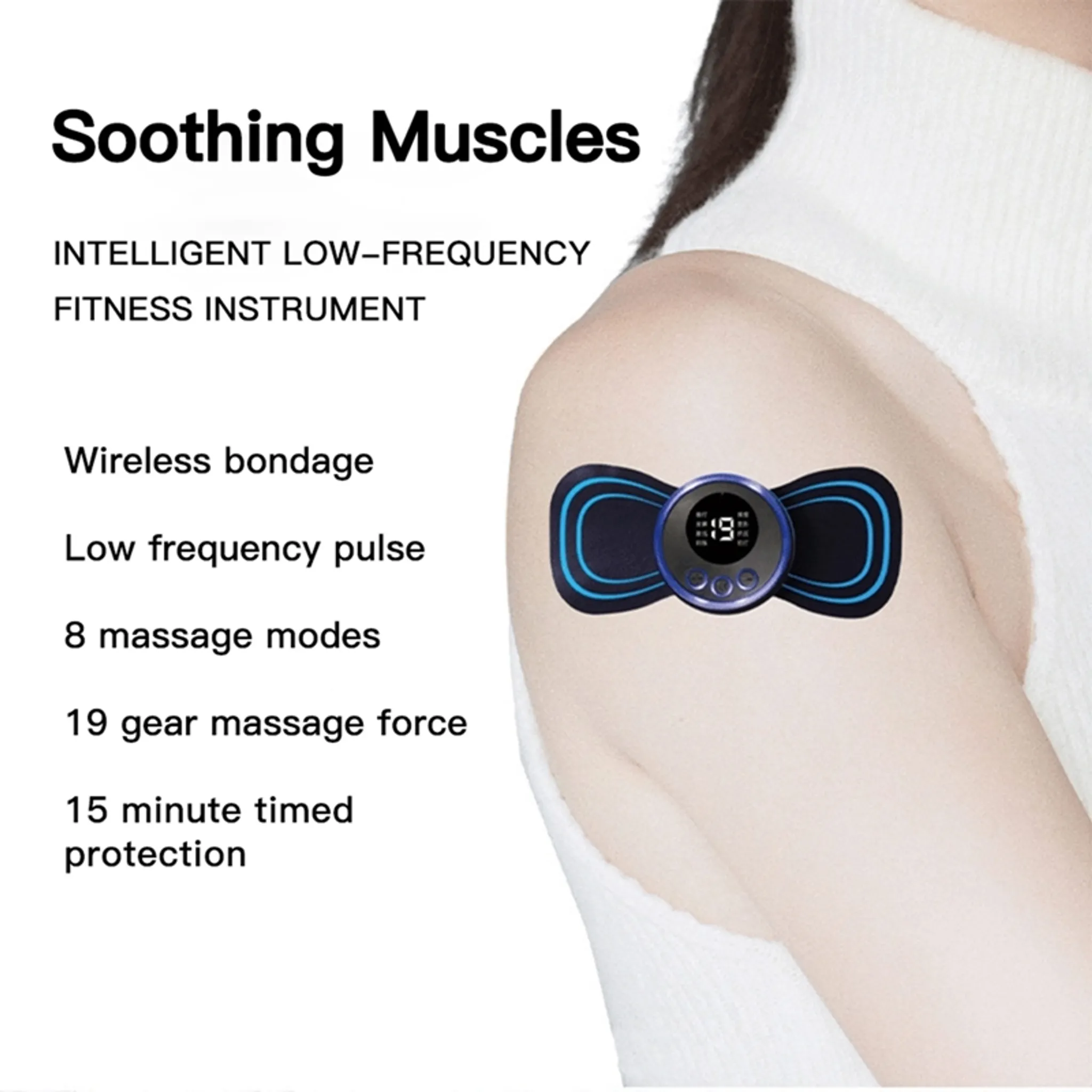Ein medizinisches Gerät am Arm, das Massagemodi und Funktionen zur Muskelentspannung zeigt.