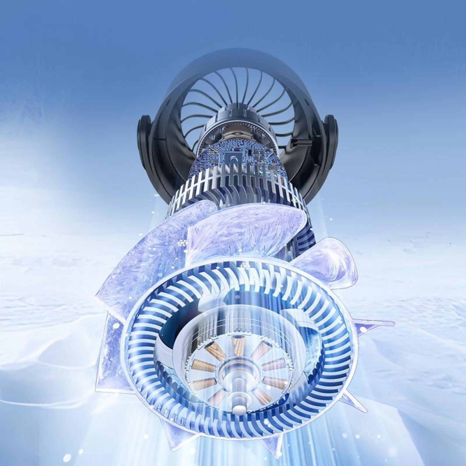 Nahaufnahme der inneren Komponenten eines Ventilators mit hellblauen Effekten.