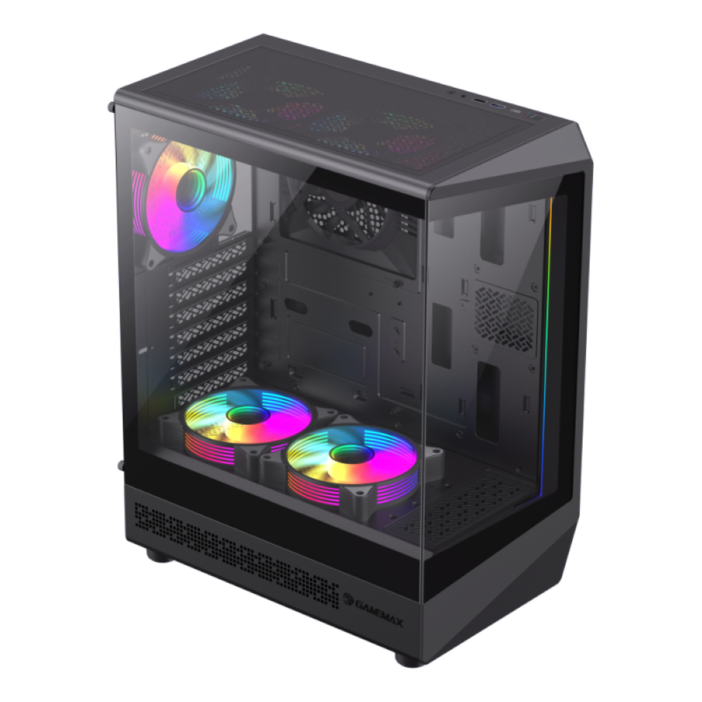 Ein schwarzes Computergehäuse mit drei Regenbogenlüftern, durch eine Glasscheibe betrachtet.