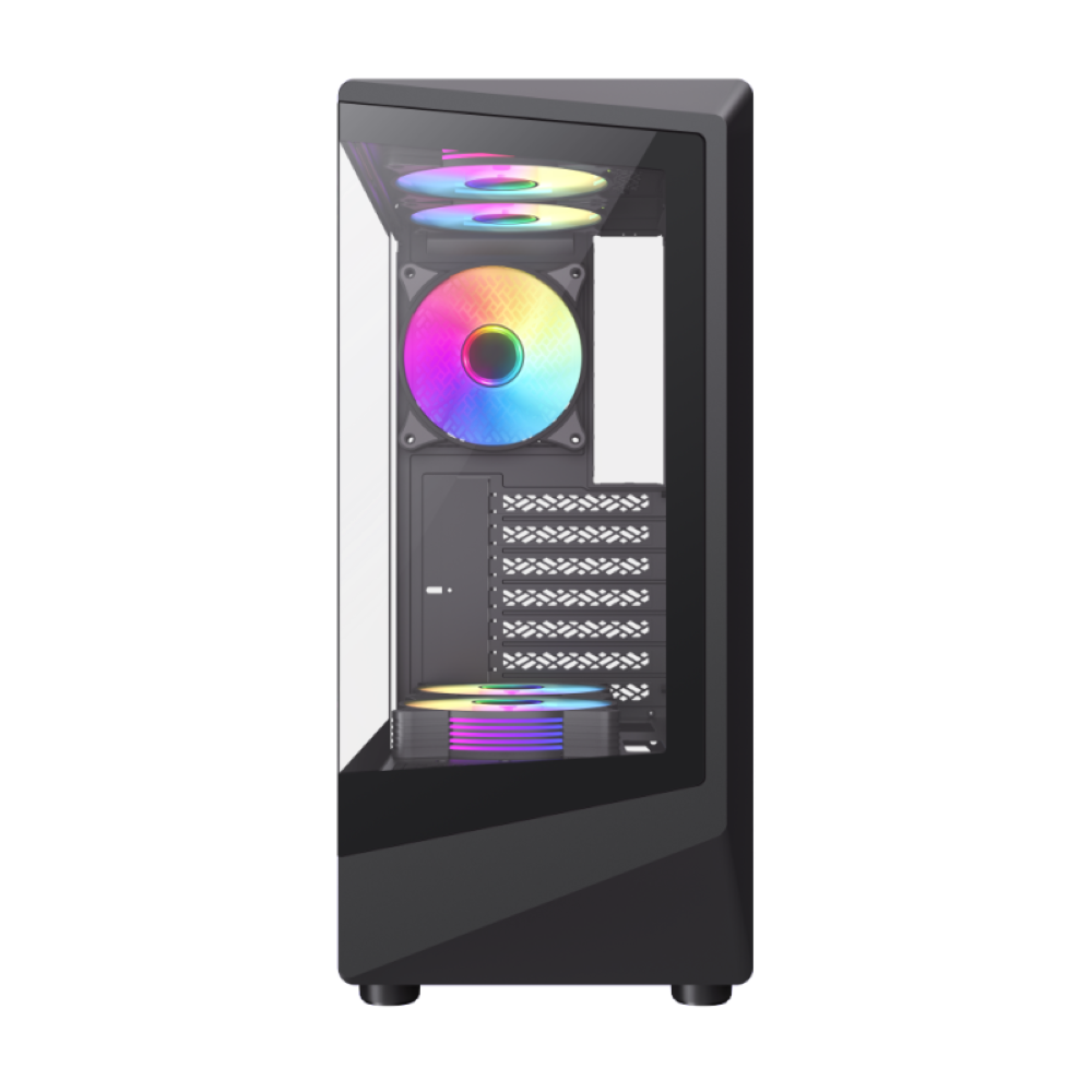 Ein schwarzes Computergehäuse mit Glasseitenwand, das Lüfter mit Regenbogenlichtern zeigt.