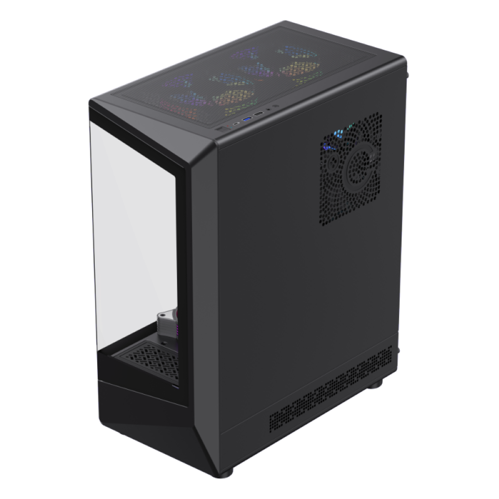 Schwarzes Computergehäuse mit Glas-Seitenwand. Lüfter und Komponenten sind innen.